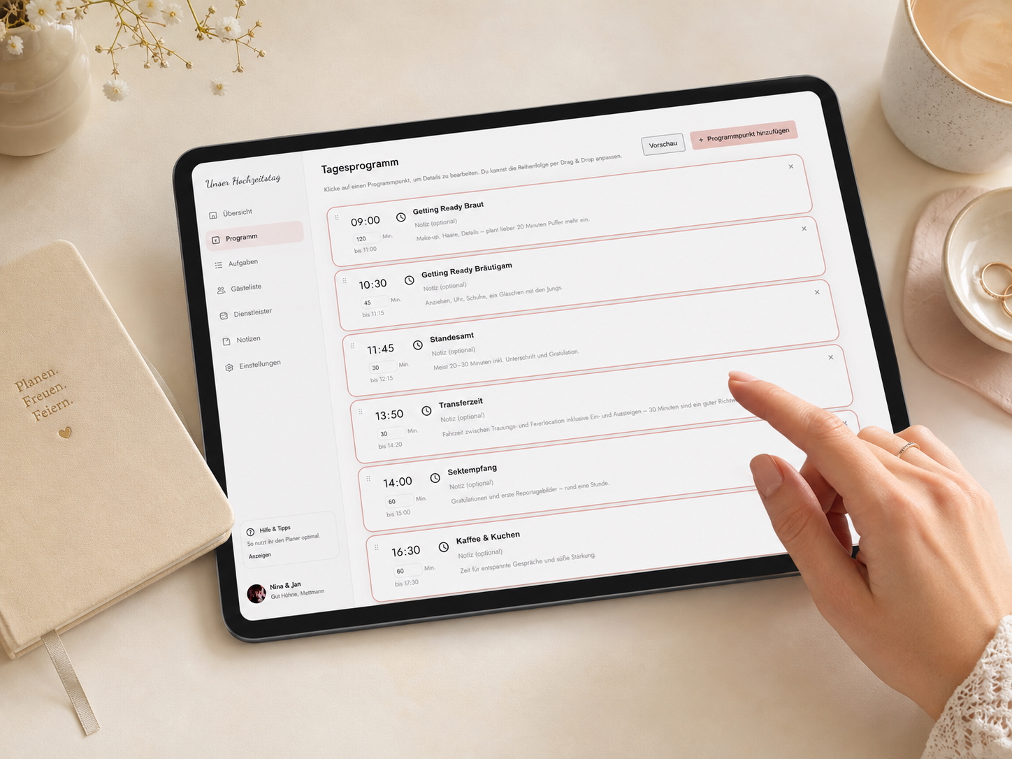 Screenshot der Hochzeitsablaufplanung